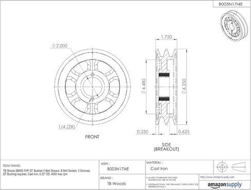 2BK65 FHP QT Bushed V-Belt Sheave, B Belt Section, 2 Grooves, QT Bushing required, Cast Iron, 6.25" OD, 4000 max rpm in Saudi Arabia