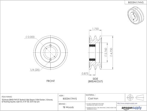 2BK65 FHP QT Bushed V-Belt Sheave, B Belt Section, 2 Grooves, QT Bushing required, Cast Iron, 6.25" OD, 4000 max rpm in Saudi Arabia