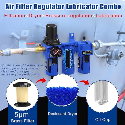 NEWPO 3/8 "NPT ضاغط الهواء ، فاصل مياه ، مرشح مرشح ، كومبو ، مقرّف ، فاصل مصيدة ماء/زيت ، مرشح نحاسي ومجفف مجفف ، مجففات شبه ، صرف ، قوس معدني أزرق in Saudi Arabia