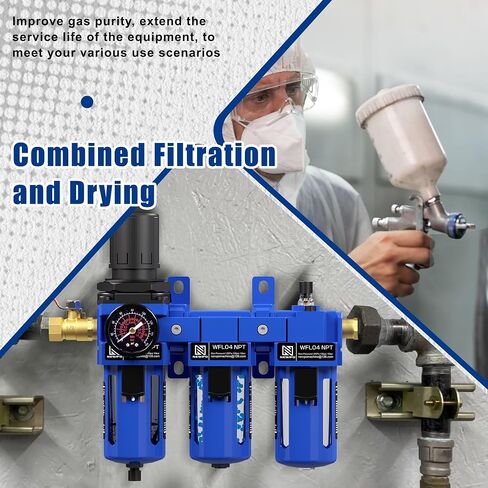 NEWPO 3/8 "NPT ضاغط الهواء ، فاصل مياه ، مرشح مرشح ، كومبو ، مقرّف ، فاصل مصيدة ماء/زيت ، مرشح نحاسي ومجفف مجفف ، مجففات شبه ، صرف ، قوس معدني أزرق in Saudi Arabia
