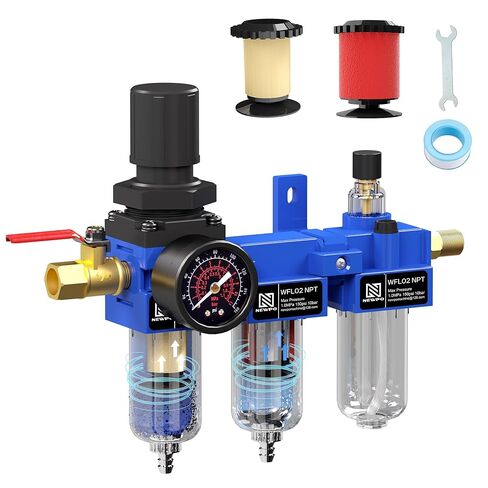 NEWPO 3/8 "NPT ضاغط الهواء ، فاصل مياه ، مرشح مرشح ، كومبو ، مقرّف ، فاصل مصيدة ماء/زيت ، مرشح نحاسي ومجفف مجفف ، مجففات شبه ، صرف ، قوس معدني أزرق in Kuwait