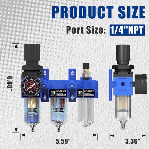 NEWPO 3/8 "NPT ضاغط الهواء ، فاصل مياه ، مرشح مرشح ، كومبو ، مقرّف ، فاصل مصيدة ماء/زيت ، مرشح نحاسي ومجفف مجفف ، مجففات شبه ، صرف ، قوس معدني أزرق in Kuwait