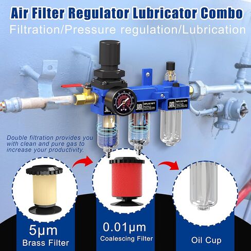 NEWPO 3/8 "NPT ضاغط الهواء ، فاصل مياه ، مرشح مرشح ، كومبو ، مقرّف ، فاصل مصيدة ماء/زيت ، مرشح نحاسي ومجفف مجفف ، مجففات شبه ، صرف ، قوس معدني أزرق in Kuwait