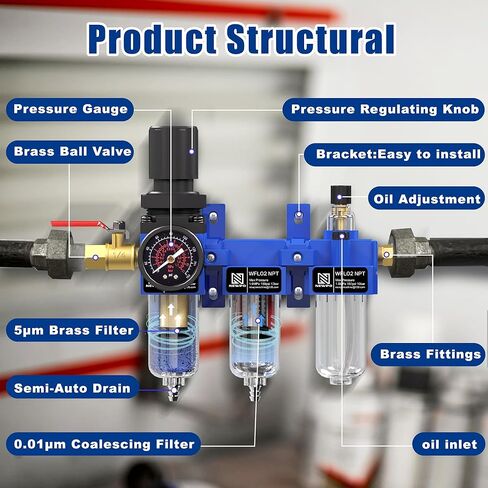 NEWPO 3/8 "NPT ضاغط الهواء ، فاصل مياه ، مرشح مرشح ، كومبو ، مقرّف ، فاصل مصيدة ماء/زيت ، مرشح نحاسي ومجفف مجفف ، مجففات شبه ، صرف ، قوس معدني أزرق in Kuwait