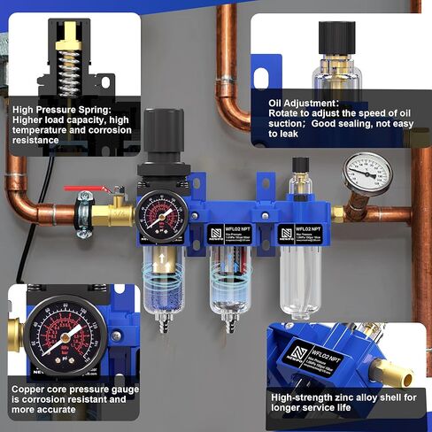 NEWPO 3/8 "NPT ضاغط الهواء ، فاصل مياه ، مرشح مرشح ، كومبو ، مقرّف ، فاصل مصيدة ماء/زيت ، مرشح نحاسي ومجفف مجفف ، مجففات شبه ، صرف ، قوس معدني أزرق in Kuwait