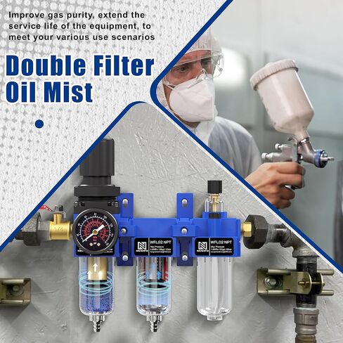 NEWPO 3/8 "NPT ضاغط الهواء ، فاصل مياه ، مرشح مرشح ، كومبو ، مقرّف ، فاصل مصيدة ماء/زيت ، مرشح نحاسي ومجفف مجفف ، مجففات شبه ، صرف ، قوس معدني أزرق in Kuwait