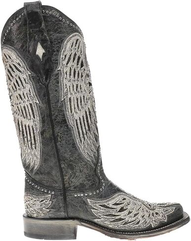 CORRAL LADIE'S BLACK CROSS & WINGS OVERLAY & EMBROIDERY & STUDS SQ. TOE, LEATHER SOLE, WESTERN A4243 in Saudi Arabia