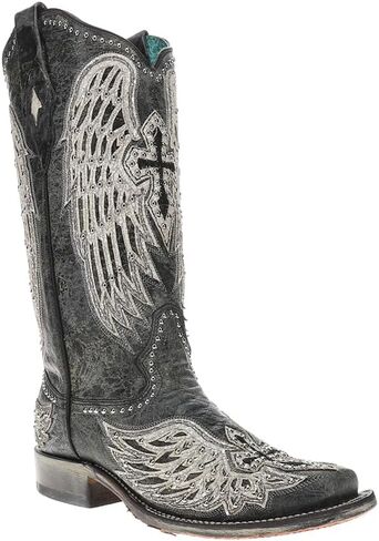 CORRAL LADIE'S BLACK CROSS & WINGS OVERLAY & EMBROIDERY & STUDS SQ. TOE, LEATHER SOLE, WESTERN A4243 in Saudi Arabia