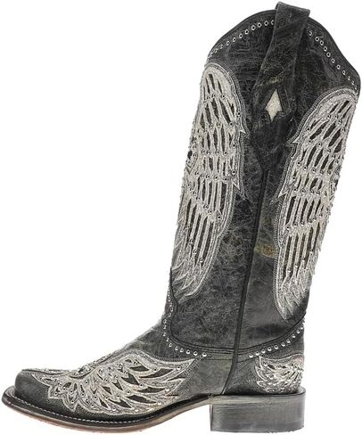 CORRAL LADIE'S BLACK CROSS & WINGS OVERLAY & EMBROIDERY & STUDS SQ. TOE, LEATHER SOLE, WESTERN A4243 in Saudi Arabia