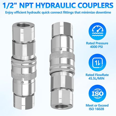 1/2’’ NPT Flat Face Hydraulic Quick Connect Couplers/Couplings with Dust Caps, The Universal Bobcat Flat Face Quick Connect Fittings with with 1/2’’ Body ISO 16028 Standard-2Set in Kuwait