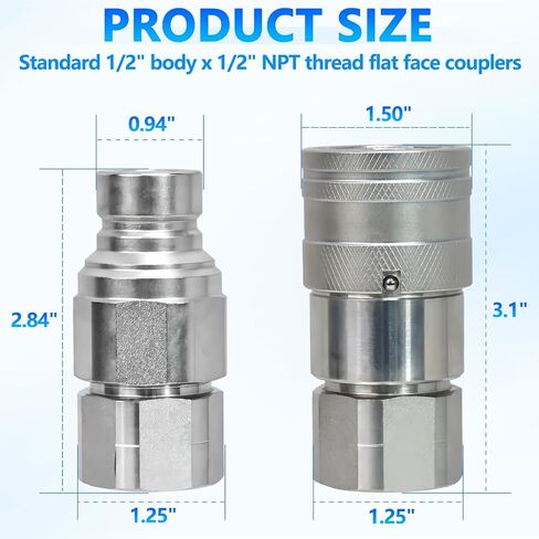 1/2’’ NPT Flat Face Hydraulic Quick Connect Couplers/Couplings with Dust Caps, The Universal Bobcat Flat Face Quick Connect Fittings with with 1/2’’ Body ISO 16028 Standard-2Set in Kuwait