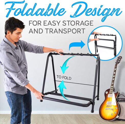 Pyle 5-Slot Multi Guitar Stand-رف غيتار أرضي قابلة للطي للقيثارات الصوتية والكهربائية والباس والإطار المعدني الثقيل مع حشو رغوة وتخزين آمن للأدوات للمرحلة والاستوديو ، 29 "x19" x25 " in Saudi Arabia