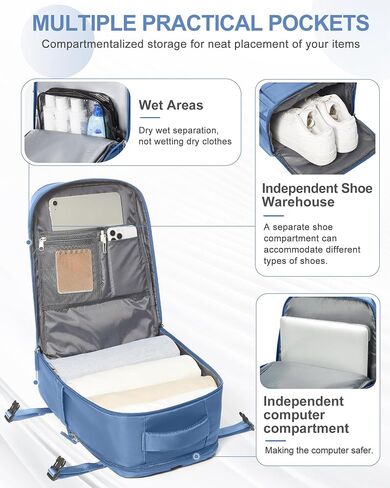 coowoz Large Travel Backpack For Women Men,Carry On Rucksack Flight Approved,Hiking Backpack Waterproof Outdoor Sports Casual Daypack Fit 15.6 Inch Laptop Compartment (Blue) in Saudi Arabia