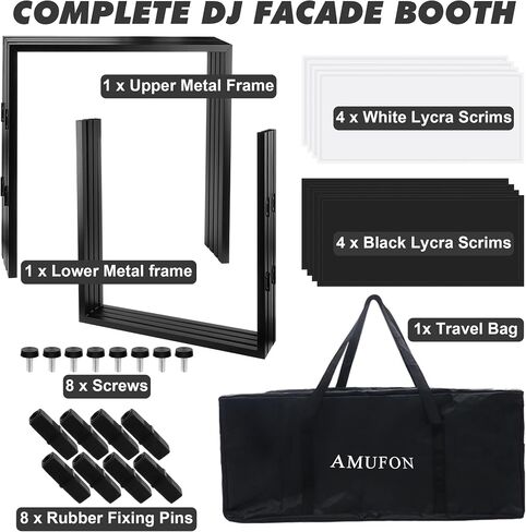 DJ Facade Booth, DJ Stand Portable Event Cover Screen with Foldable 4 Detachable Metal Frame Light Projector Display Scrim Panel Stand with Carry Bag for Party,Show,Gathering(White and Black) in Saudi Arabia