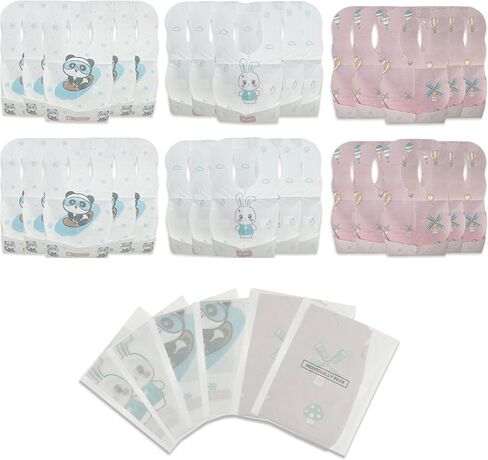 30 PCS Disposable Bibs for Toddlers, 6 Patterns Individually Packaged Baby Bibs with Catcher and Waterproof Liner for Boys Girls Eating, Baby Restaurant and Travel Essential in Saudi Arabia
