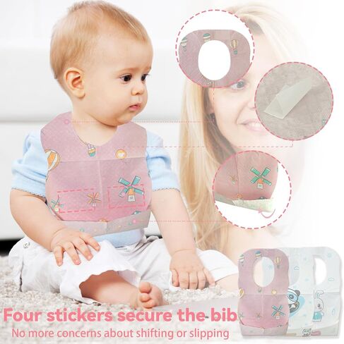 30 PCS Disposable Bibs for Toddlers, 6 Patterns Individually Packaged Baby Bibs with Catcher and Waterproof Liner for Boys Girls Eating, Baby Restaurant and Travel Essential in Saudi Arabia