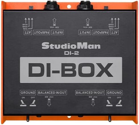 StudioMan DI-2 Dual Channel Passive DI Box, 2-Channel Balanced XLR/TRS, Ground Switch per Channel, 50KΩ Input Impedance, Orange/Black for Live/Studio in Kuwait