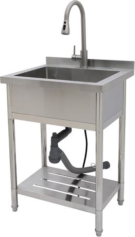 Sarlai Stainless Steel Utility Sink Freestanding Commercial Restaurant Kitchen Sink Outdoor Sinks Single Bowl Laundry Utility Kitchen Sinks With Faucet for Garage Outdoor Indoor Basin in Saudi Arabia