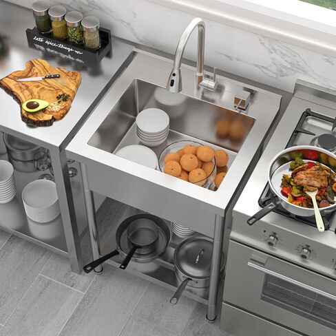 Sarlai Stainless Steel Utility Sink Freestanding Commercial Restaurant Kitchen Sink Outdoor Sinks Single Bowl Laundry Utility Kitchen Sinks With Faucet for Garage Outdoor Indoor Basin in Saudi Arabia
