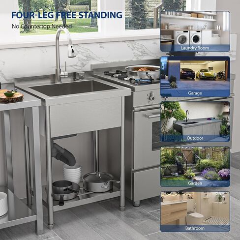 Sarlai Stainless Steel Utility Sink Freestanding Commercial Restaurant Kitchen Sink Outdoor Sinks Single Bowl Laundry Utility Kitchen Sinks With Faucet for Garage Outdoor Indoor Basin in Saudi Arabia