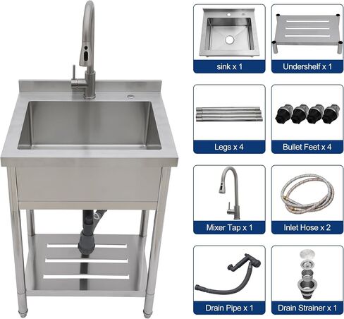 Sarlai Stainless Steel Utility Sink Freestanding Commercial Restaurant Kitchen Sink Outdoor Sinks Single Bowl Laundry Utility Kitchen Sinks With Faucet for Garage Outdoor Indoor Basin in Saudi Arabia