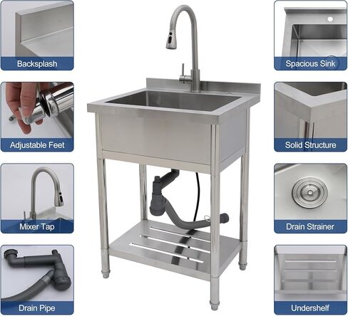 Sarlai Stainless Steel Utility Sink Freestanding Commercial Restaurant Kitchen Sink Outdoor Sinks Single Bowl Laundry Utility Kitchen Sinks With Faucet for Garage Outdoor Indoor Basin in Saudi Arabia
