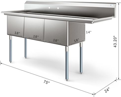 Koolmore 60 in. ثلاثة مقصورة 18 مقصورة من الفولاذ المقاوم للصدأ NSF بالوعة المطبخ التجاري ، حجم الوعاء 18x18x14 ، مع ثلاثة أحواض وثقوب صنبور مسبقا للمطاعم والمقاهي (KM-SC181814-N3) in Saudi Arabia