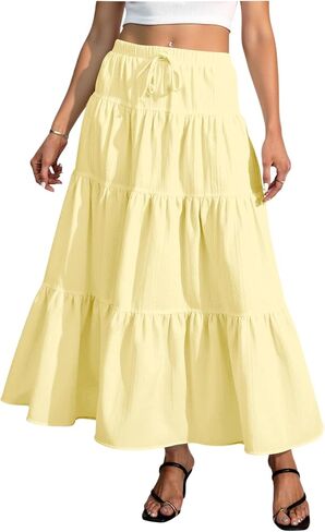 Women's Tiered Ruffle Hem Skirt Elastic Waist Flowy Maxi Beach Vacation Skirts in Saudi Arabia