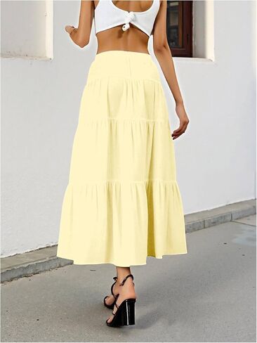 Women's Tiered Ruffle Hem Skirt Elastic Waist Flowy Maxi Beach Vacation Skirts in Saudi Arabia
