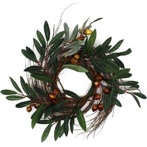 CVHOMEDECO. Rustic Country Artificial Eucalyptus Leaves and Twig with Red Berries Wreath, Year Round Full Green Wreath for Indoor or Outdoor Display, 9-Inch