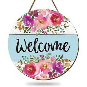 Whaline Spring Flower Wooden Hanging Sign Watercolor Floral Welcome Door Sign Farmhouse Rustic Front Door Hanger Sign for Indoor Outdoor Home Porch Window Decor
