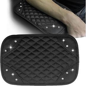 1 PC Auto Armrest Console Cushion, Bling Diamond Style 11.8" x 7.6" Arm Rest Padding Case, Waterproof Leather Crystal Protective Armrest Seat Box Cover, for Most Vehicles, SUVs, Trucks (Black)