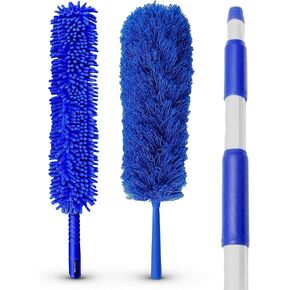 Blue Extension Rod Ceiling Duster with 18-20 feet Reach 3-Stage Aluminum Telescoping Pole - Cathedral, Cobweb, Microfiber, Ceilings Fan Duster Includes 2 Hand Dusting Kit