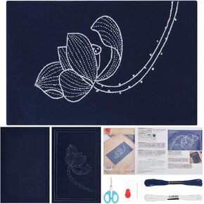 Sashiko Tea Mat DIY Sashiko Kit with Instructions Sashiko Kit for Beginners 12.2 * 6.7'' Lotus Sashiko Japanese Needlework Kit for Housewarming Gift Square