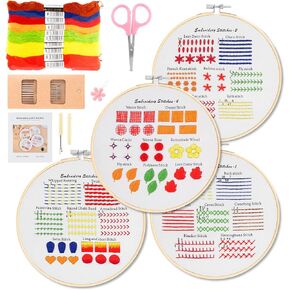 4 Sets Embroidery Kit for Beginners Adults & Kids to Learn 29 Basic Embroidery Stitch Practice Kit,Embroidery Starter Kit for Beginners with Embroidery Patterns, Hoop,Threads,Tools