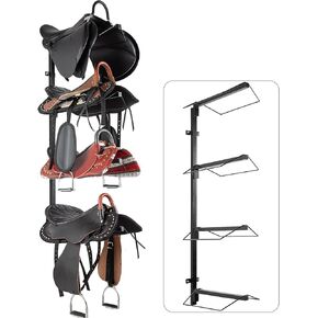 4 Tier Saddle Rack Wall Mount, Adjustable Horse Saddle Storage Rack, Holds 4 Equestrian Western and English Saddle Stand, Hanging Horse Pad and Blanket, for Tack Room, Storehouse
