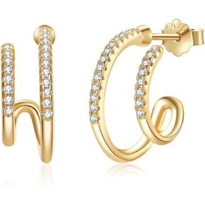 أقراط فضة استرليني مطلية بالذهب عيار 18 قيراط مكعب زركونيا أقراط دائرية مزدوجة للثقب الفردي، أقراط ثقب مزدوجة تشيكوسلوفاكيا مجوهرات مضادة للحساسية للنساء in Kuwait
