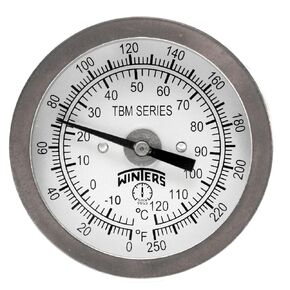Winters TBM Series Stainless Steel 304 Dual Scale Bi-Metal Thermometer, 4" Stem, 1/2" NPT Fixed Center Back Mount Connection, 3" Dial, 50-400 F/C Range