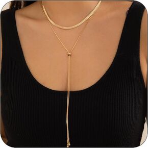 Chunky Gold Necklace for Women Silver Long Layered Y Shaped Necklace Trendy Twist Herringbone Shaped Necklace Body Chain Jewelry for Women Long Necklaces