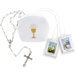 Needzo White First Communion Set - Pearlized Rosary, Holy Scapular and Embroidered Case, 18.5 Inches