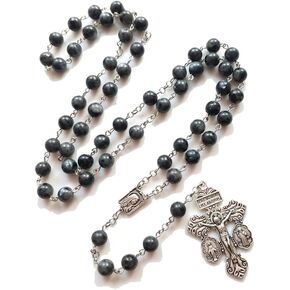 Natural Gemstone Black Onyx Beaded Crucifix Rosary Beads Necklace for Women Men Rugged Cross Long Strong Corded Catholic Pardon Holy Soil Medal Christian Religious Catholic Rosaries