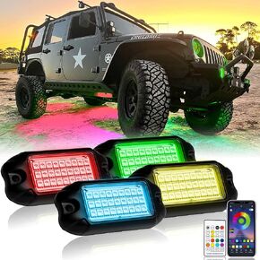 Nicoko Multicolor RGB LED Rock Light Kits w/Brake Light & Turn Signal Function 16 Million Colors Many Flashing Modes Neon Lights Under Off Road Truck SUV Motorcycle Wiring Harness (Pack 4)