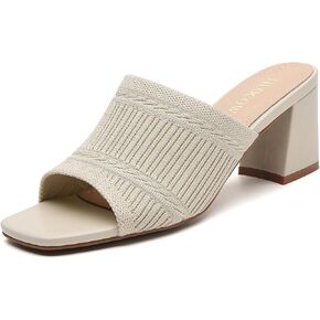 Tilocow Knit Heeled Sandals Chunky Low Block Heel Mules for Women Square Open Toe Heels Slip On Breathable Slides Sandal