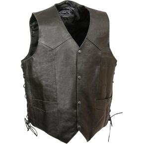 ELM3915 Men's Black Side Lace Motorcycle Leather Vest with Skull and Cross Bones Emboss