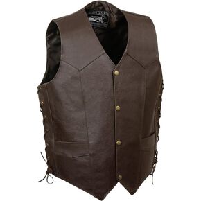 ELM3915 Men's Black Side Lace Motorcycle Leather Vest with Skull and Cross Bones Emboss
