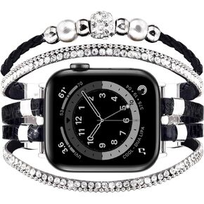 سوار جلد MOFREE Boho متوافق مع سوار ساعة Apple 38 مم 40 مم 41 مم للنساء، مجوهرات مطرزة أنيقة متعددة الطبقات لساعة Apple Watch Series 9 8 7 6 5 4 3 2 1 SE أسود