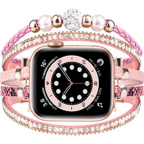 MOFREE Boho Leather Bracelet Compatible for Apple Watch Band 38mm 40mm 41mm Women, Dressy Beaded Jewelry Multilayer Apple Watch Strap Wrap for iWatch Band Series 9 8 7 6 5 4 3 2 1 SE Black
