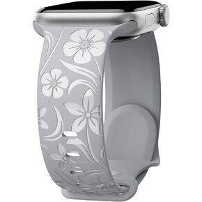 Floral Engraved Band Compatible with Apple Watch Band 38mm 40mm 41mm 42mm 44mm 45mm 49mm, Designer Soft Silicone Glossy Wildflower Strap for iWatch Band Series Ultra 9 8 7 6 SE 5 4 3 2 1