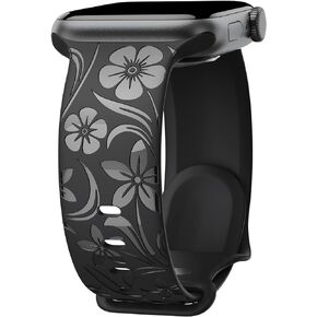 Floral Engraved Band Compatible with Apple Watch Band 38mm 40mm 41mm 42mm 44mm 45mm 49mm, Designer Soft Silicone Glossy Wildflower Strap for iWatch Band Series Ultra 9 8 7 6 SE 5 4 3 2 1