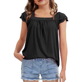 KEREDA Girls Short Sleeve Shirts Summer Tunic Tops Lace Openwork Ruffled Girls Cute Square Neck Clothes Blouse 5-14 Years